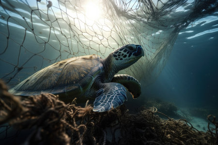 Sea turtle gracefully swimming through crystal-clear water, surrounded by vibrant aquatic plants and creatures. The image is a reminder of the beauty and fragility of the natural world. AI Generative.の素材