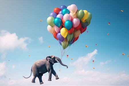 A playful and whimsical scene of an elephant and balloons floating weightlessly in the sky amidst flowers and grass. This surreal and imaginative image is AI Generative.の素材
