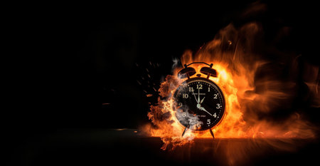An abstract representation of time and urgency with a black alarm clock on a dark background with burning hot particles. AI Generativeの素材