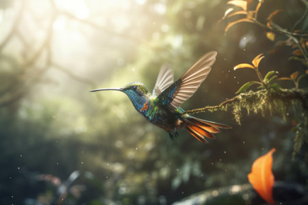 Colorful hummingbird flying in a natural garden habitat, surrounded by greenery and vibrant flowers in the wild of Costa Rica. AI Generative.の素材