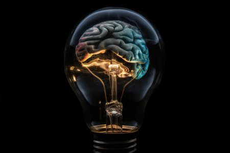 The electric brain shaped light bulb emits a glowing bright light, symbolizing creativity and intelligence. Perfect for science and technology concepts. AI Generative, Thinking idea conceptの素材