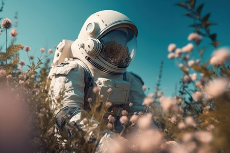 In a field of colorful flowers on an alien planet, an astronaut stands next to a surreal butterfly in a space suit. AI Generative.の素材