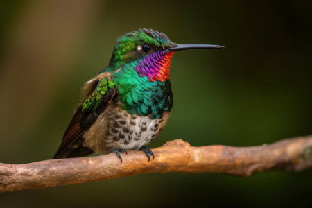 Hummingbird perched on a branch in a green garden, surrounded by colorful flowers and foliage. AI Generativeの素材