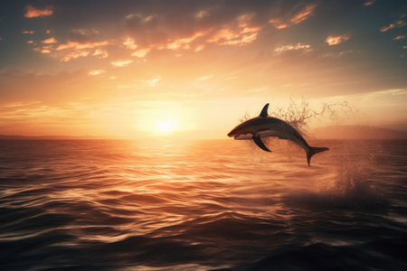 Experience the power and grace of a shark jumping out of the water against a stunning sunset backdrop in this captivating stock photo. AI Generative.の素材