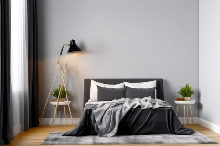 Luxurious bedroom interior with two vertical frames on the wall, adding a touch of sophistication to the space. AI Generative.の素材