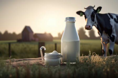 A glass jug of fresh milk on a wooden table. A cow grazes in the pasture nearby. A sunny day on a grass-fed farm. Is AI Generative.の素材