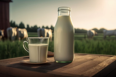 A glass bottle of milk and a jar of yogurt on a wooden table. Domesticated cattle graze in the green pasture. A beautiful summer day on a farm. Is AI Generative.の素材