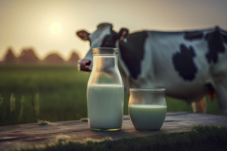 A spring day on an organic farm. A glass jug of milk and a jar of yogurt on a wooden table. A cow grazes in the pasture nearby. Healthy and fresh. Is AI Generative.の素材