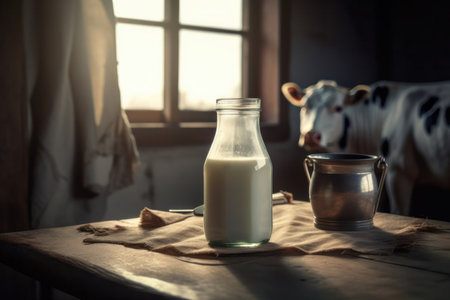 A healthy and fresh drink. A glass bottle of milk on a wooden table. Domesticated cattle graze in the lush pasture. A beautiful summer day on a farm. Is AI Generative.の素材