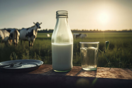 A milky morning in the countryside. A glass jug of milk and a bowl of cream on a wooden table. A cow with a full udder stands in the field. Is AI Generative.の素材