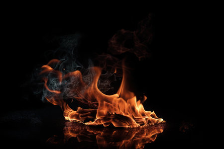An inferno of flames on a black background creates an abstract texture perfect for a hell or destruction themed design. AI Generative.の素材