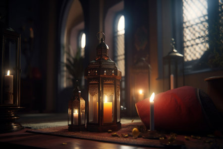 A peaceful and serene scene of a glowing Ramadan lantern and a decorative vase with flowers, creating a calming and inviting atmosphere. AI Generative.の素材