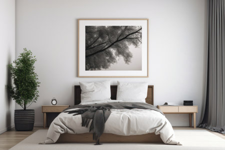 A peaceful bedroom with a mockup poster frame on a white wall, showcasing a realistic paper print. The lighting and green plant make the atmosphere calming. This mockup is AI generative.の素材