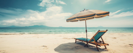 Escape to a tropical paradise - beach chairs and an umbrella set against a white sand beach and a cloudy blue sky. Perfect for vacation and travel concepts. AI Generative.の素材