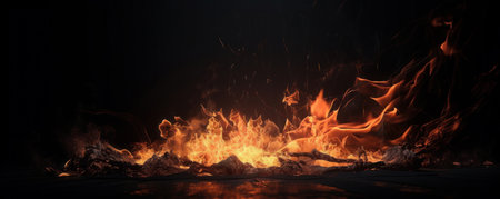 The warm glow of flames on a black background creates an abstract texture perfect for a fireplace or furnace themed design. AI Generative.の素材