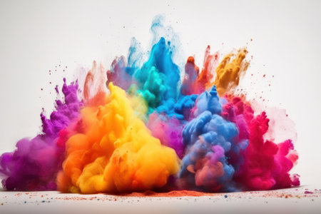 An explosion of powder against a white background creates a stunning mix of colors and textures that is perfect for any festive occasion. This image is AI generative.の素材