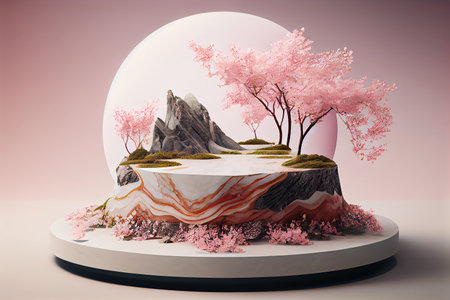Cylinder podiums mockup with branch of gentle sakura flowers for geometric modern style for japanese style presentation cosmetic products, Generative AIの素材