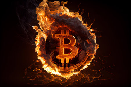 Burning in fire golden bitcoin on black background, Bitcoin coin in flames, burn cryptocurrency bit coin money, crash and blockchain bubble, Generative AIの素材