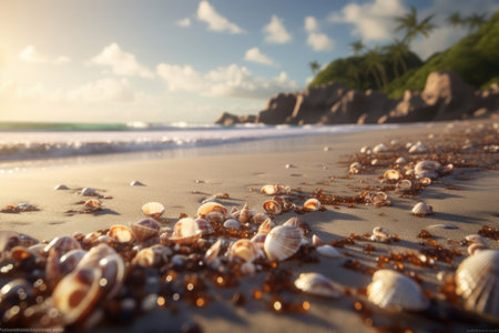 The natural beauty of seashells on a beach creates an ideal scenery for beachcombing and exploration. The tropical weather and beauty of nature make for a perfect vacation spot. AI Generative.の素材