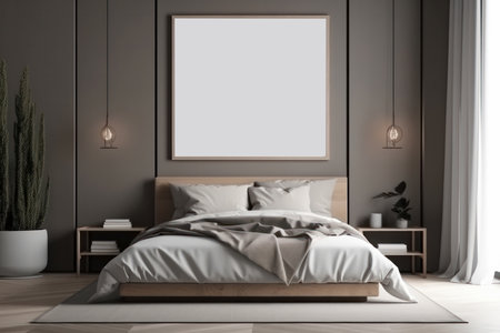 Stylish bedroom design with a mockup poster on the wall and a comfortable bed, adding a touch of elegance and simplicity to the space. AI Generative.の素材