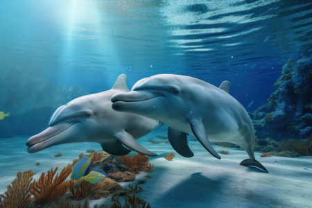 A vibrant underwater scene for World Oceans Day featuring a playful dolphin pod swimming among the coral reef in their natural habitat.の素材