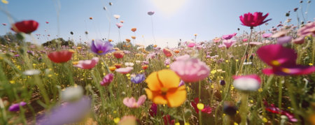 A picturesque and colorful landscape of a flower field with pink and white cosmos blooms on a sunny day with blue sky. AI Generative.の素材