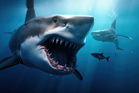 A tropical and beautiful scene of a shark swimming with its jaws open in the clear blue water of the ocean. AI Generative.の素材