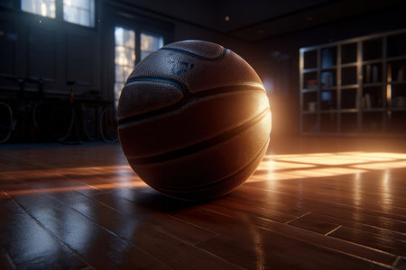 A basketball on a dark wood background with a reflection and shiny texture. AI Generative.の素材
