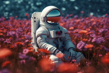 An astronaut in a space suit walks through a field of flowers on a foreign planet, encountering a butterfly in the process. AI Generative.の素材