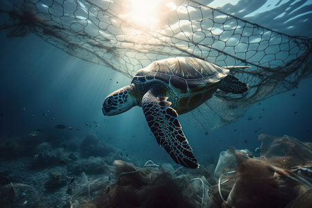 A sea turtle swims near the surface, surrounded by foam and waves. The image is a call to action for preserving the natural world and protecting endangered species. AI Generative.の素材
