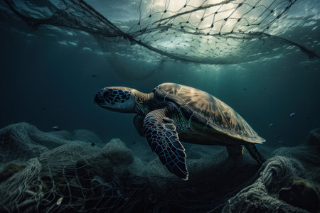 A majestic sea turtle navigates a fishing net, a poignant reminder of the impact of pollution on marine life. The image calls for conservation and sustainable practices. AI Generative.の素材