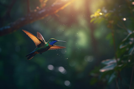 Detailed close-up of a tiny and delicate hummingbird perched on a green branch, surrounded by lush jungle in Costa Rica. AI Generative.の素材