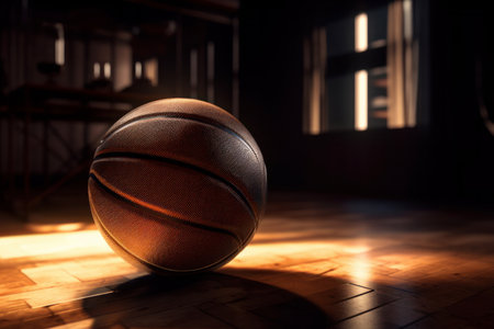 A basketball player dribbling the ball on a hardwood floor with a net and hoop in the background. AI Generative.の素材