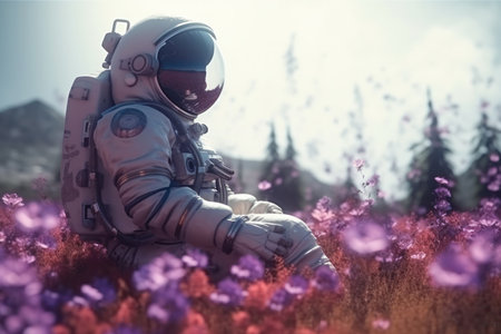 A spacemans suit stands out against the backdrop of a colorful field of flowers on an alien world, with a butterfly perched on his shoulder. AI Generative.の素材