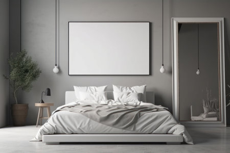 Minimalist bedroom design with a mockup poster on the wall and a comfortable bed, perfect for a simple and stylish sleeping environment. AI Generative.の素材
