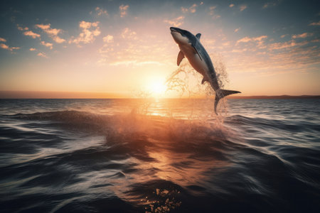 This stock photo captures the intense moment of a shark jumping out of the water during a beautiful sunset, evoking a sense of adventure and excitement. AI Generative.の素材