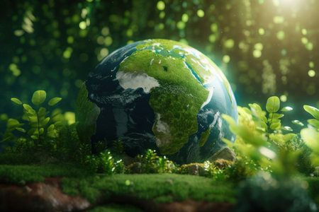 A glass globe resting in the heart of a verdant green mossy landscape. A powerful image of environmentalism and conservation for World Environment Day. AI Generativeの素材