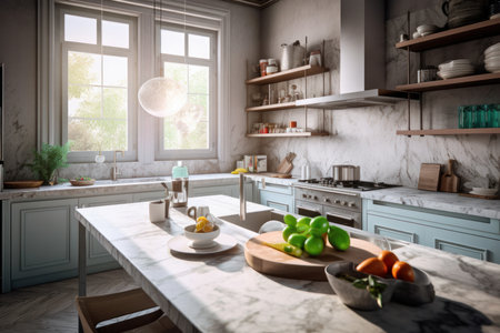 Warm and inviting kitchen with hardwood floors and a stunning wooden countertop, creating a comfortable and functional space. AI Generative.の素材