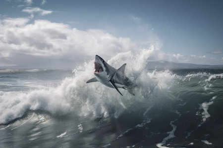 A great white shark propels itself out of the water, mouth wide open and teeth exposed. Experience the adrenaline rush of this stunning sight. AI Generative.の素材