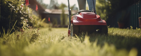 A female homeowner cutting the grass with an electric lawnmower on a beautiful summer day is AI Generative.の素材