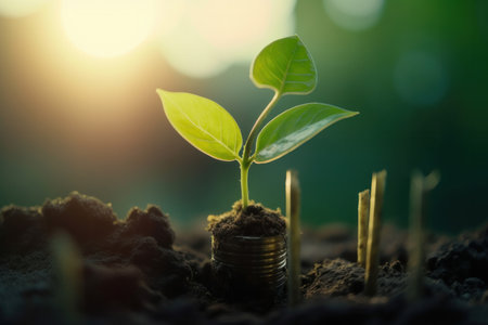Fresh young plants sprout from the earth, showcasing the beauty of natures renewal and the beginning of new growth. Organic farming and sustainability and eco-friendly living. Generative AI.の素材