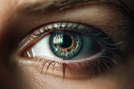 Abstract and modern close-up of a human eye in stunning blue color. Macro view of the pupil and iris with focus on the beautiful skin. Perfect for creative and aesthetic photography. AI Generative.の素材