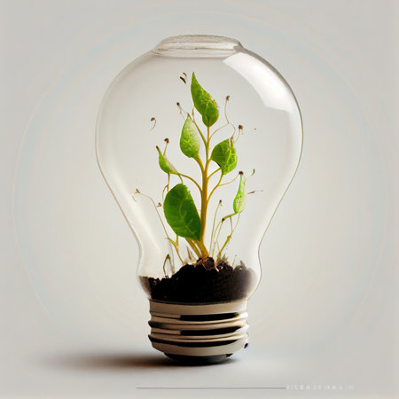 A glowing light bulb inside a leaf showcases the innovative idea of organic energy and nature preservation. on white background. Ai Generativeの素材