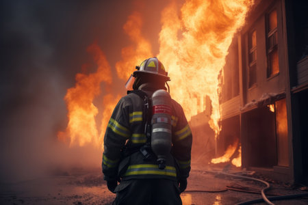 Firefighter in full uniform fighting a house fire, using a hose to control the flames. Bravery and protection in action. Is AI Generative.の素材