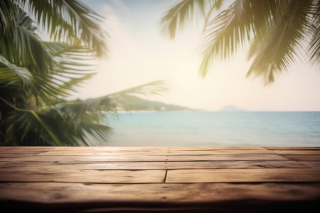 Sunny, natural coastal scenery with waves and sand viewed from a wooden table. Tranquil and peaceful. Generative AI.の素材