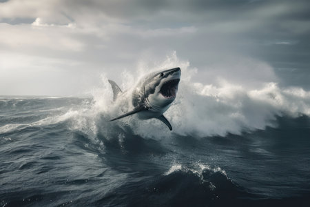 Get up close and personal with a great white shark as it jumps out of the water, showing off its impressive size and strength. An unforgettable sight. AI Generative.の素材