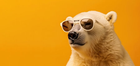 Endangered polar bear sporting trendy shades on a yellow background, highlighting the need for conservation efforts. AI Generative.の素材