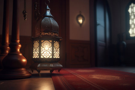 A beautiful Ramadan greeting card with intricate design and a glowing lantern, perfect for sending warm wishes during the holiday season. AI Generative.の素材