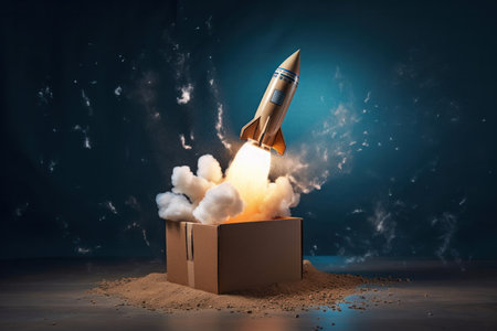 A childs creativity takes flight as a simple cardboard box is turned into an imaginative rocket ship AI Generativeの素材