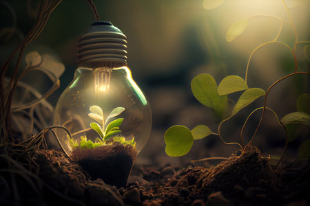 The creative idea of an upcycled light bulb glowing in soil promotes the innovative concept of reducing, reusing, and repurposing for a sustainable planet. Ai Generativeの素材